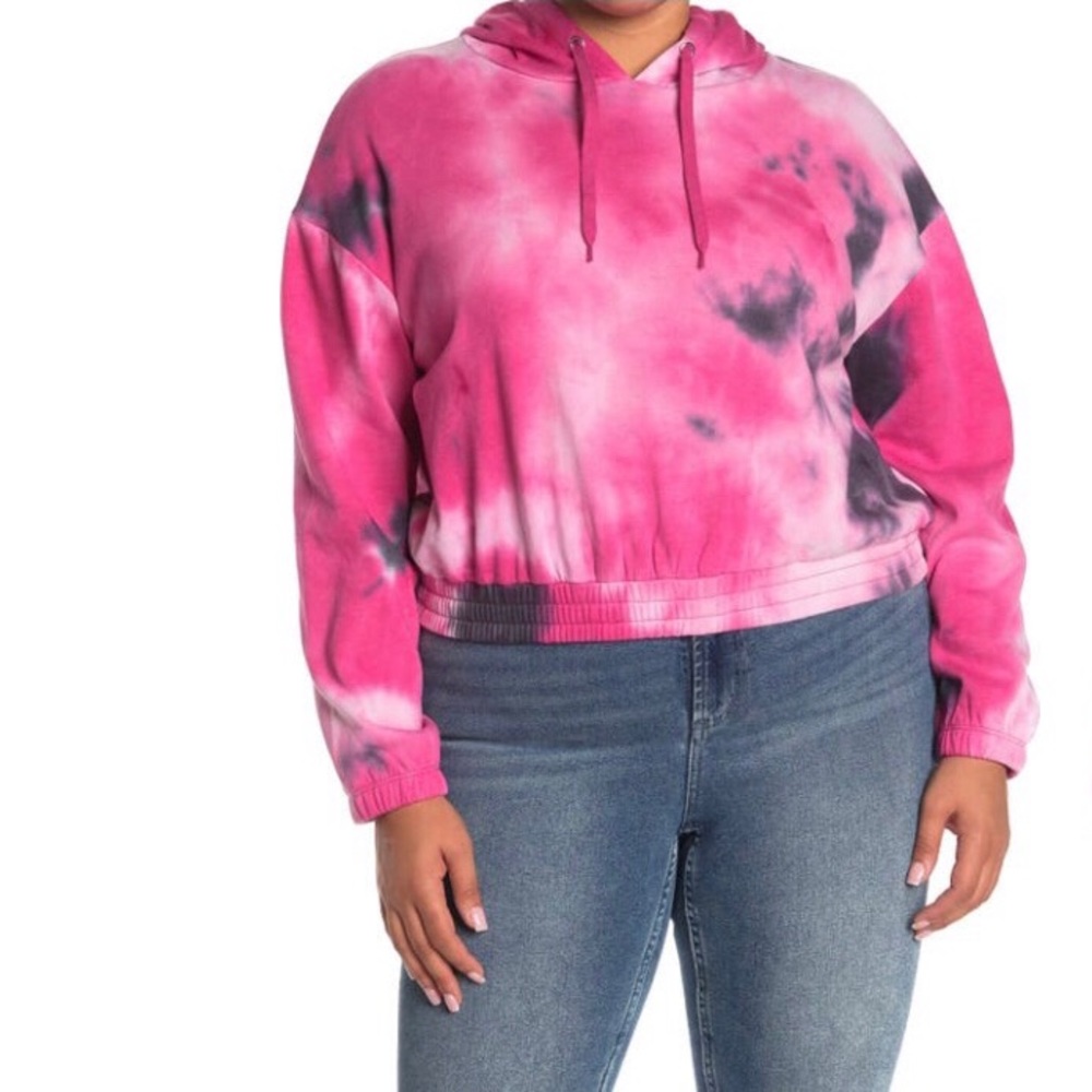 Pink Black Crop Tie Dye Pullover Hoodie Plus 2X